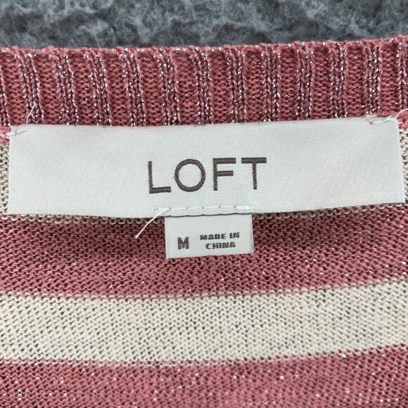 LOFT Sweater Womens Medium Pink Striped Glitter Knit 3/4 Sleeve Pullover Stretch - Picture 5 of 9